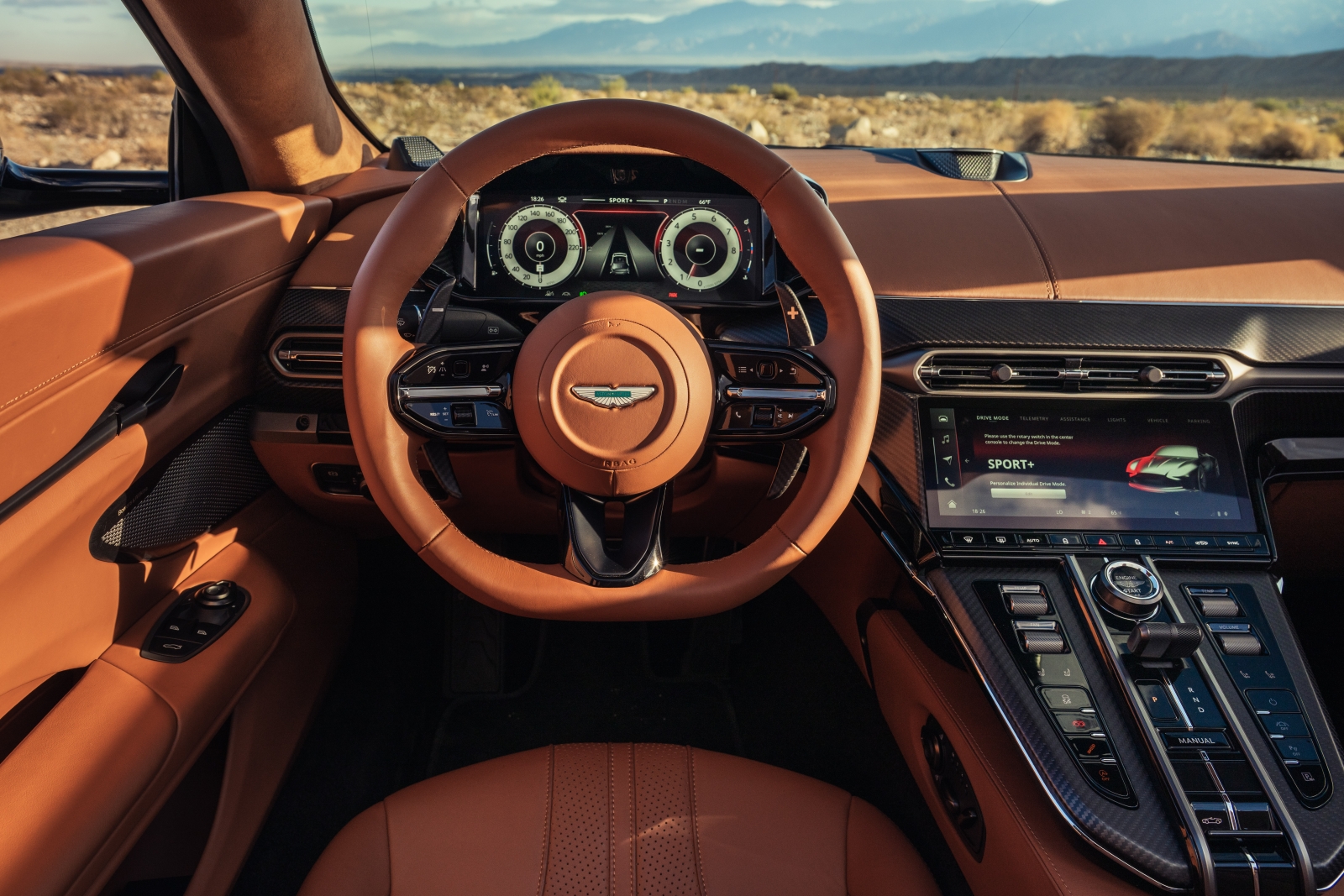 2026 Aston Martin Vantage Roadster steering wheel in tan leather